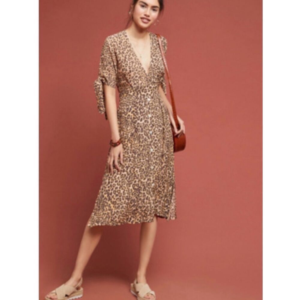Faithfull The Brand Chloe Midi Dress Mila Animal Print Button Front V Neck